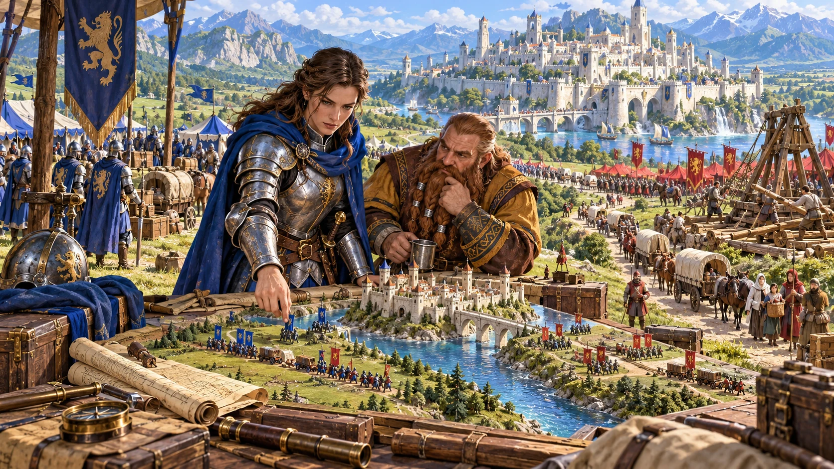 Fantasy editorial illustration of commanders planning a siege around a city model